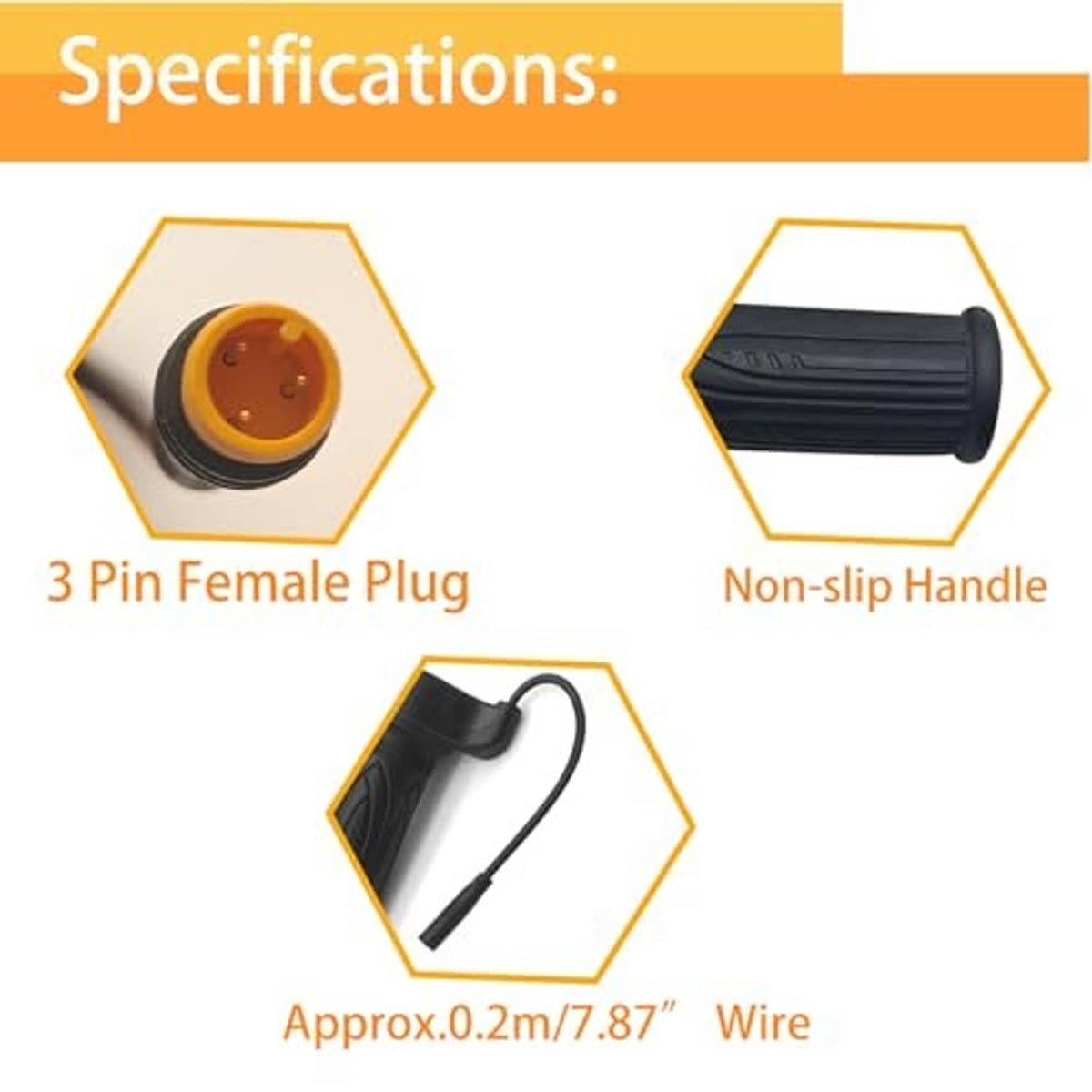 3-pin female plug with black e-bike twist throttle grip, non-slip texture, and short wire
