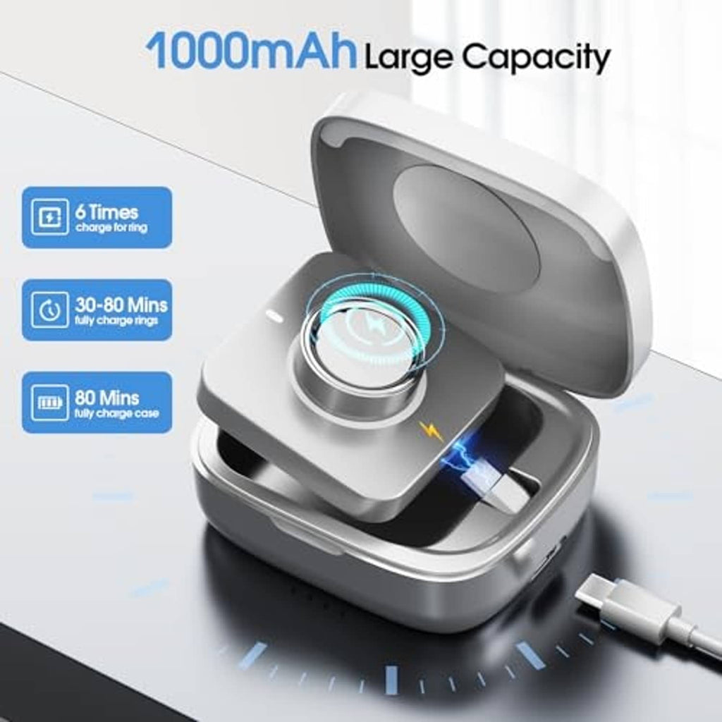 Gray Oura Ring charging case with charging cradle and bright blue charging display