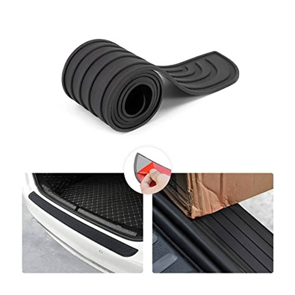 Black rubber bumper protector guard shown rolled and installed on rear bumper edge