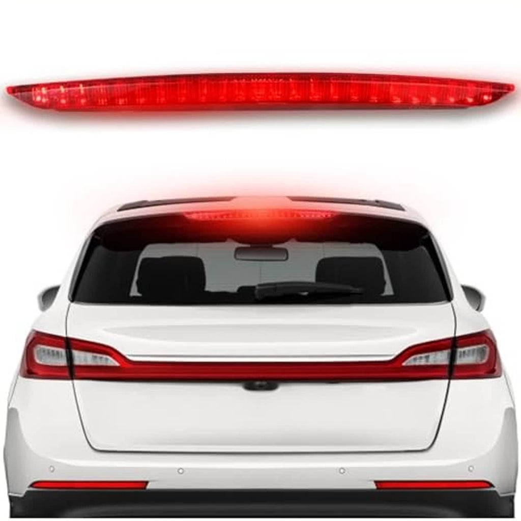 LED third brake light with red lens, straight-on view on the rear hatch