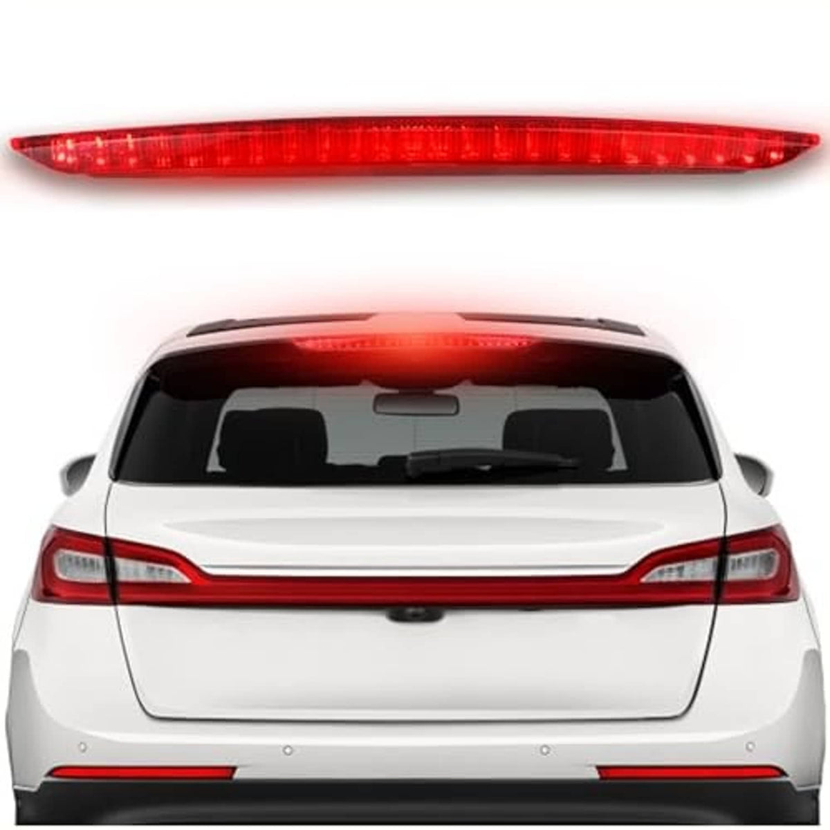 LED third brake light with red lens, straight-on view on the rear hatch