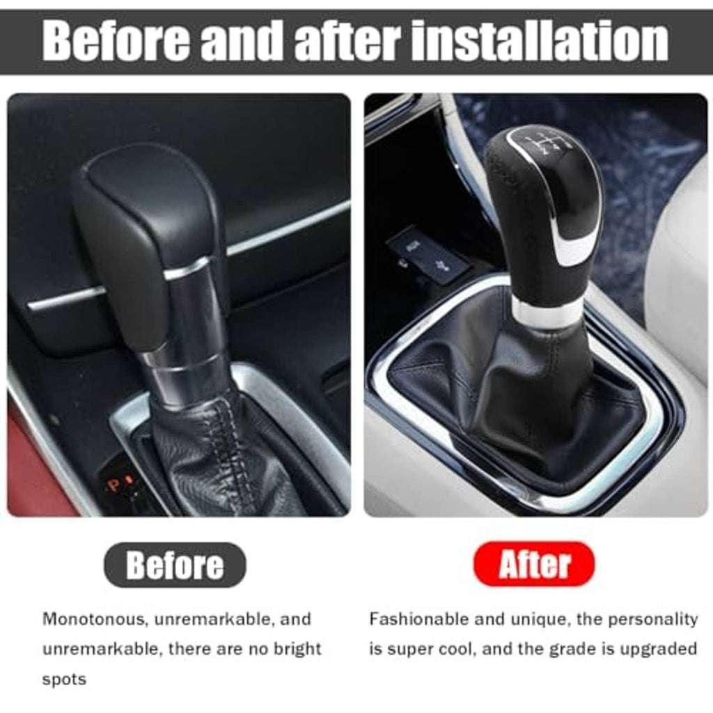 Manual gear shift knob installed in gear console, black leather cover with silver trim