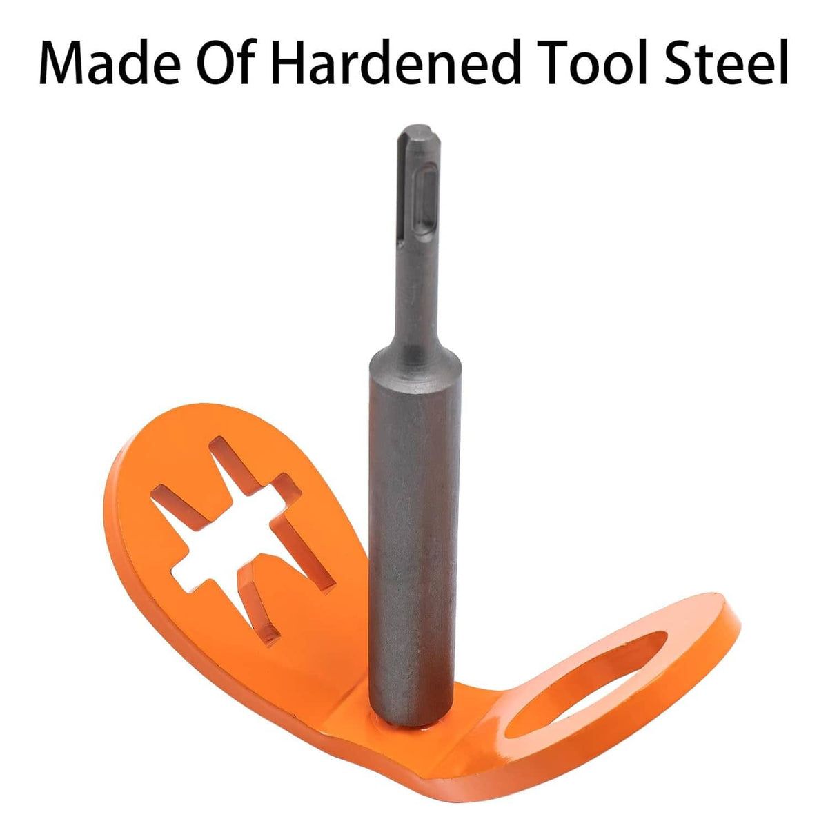 Orange T-post puller head attached to steel driver shaft with pointed tip