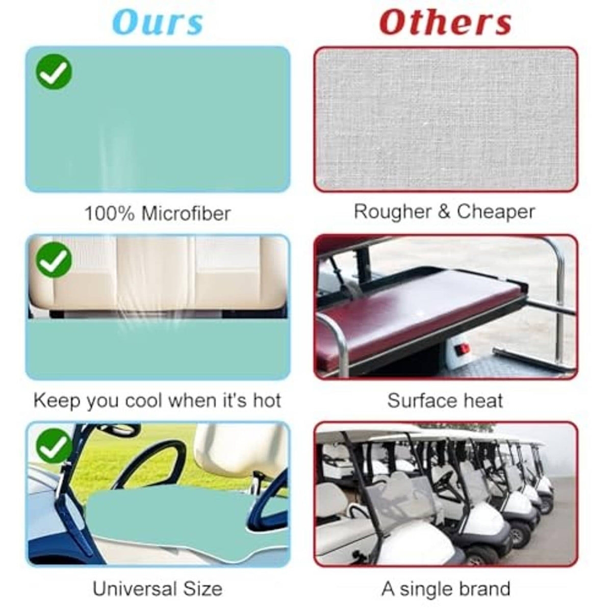 Mint microfiber seat cover comparison infographic showing universal fit and cool feel