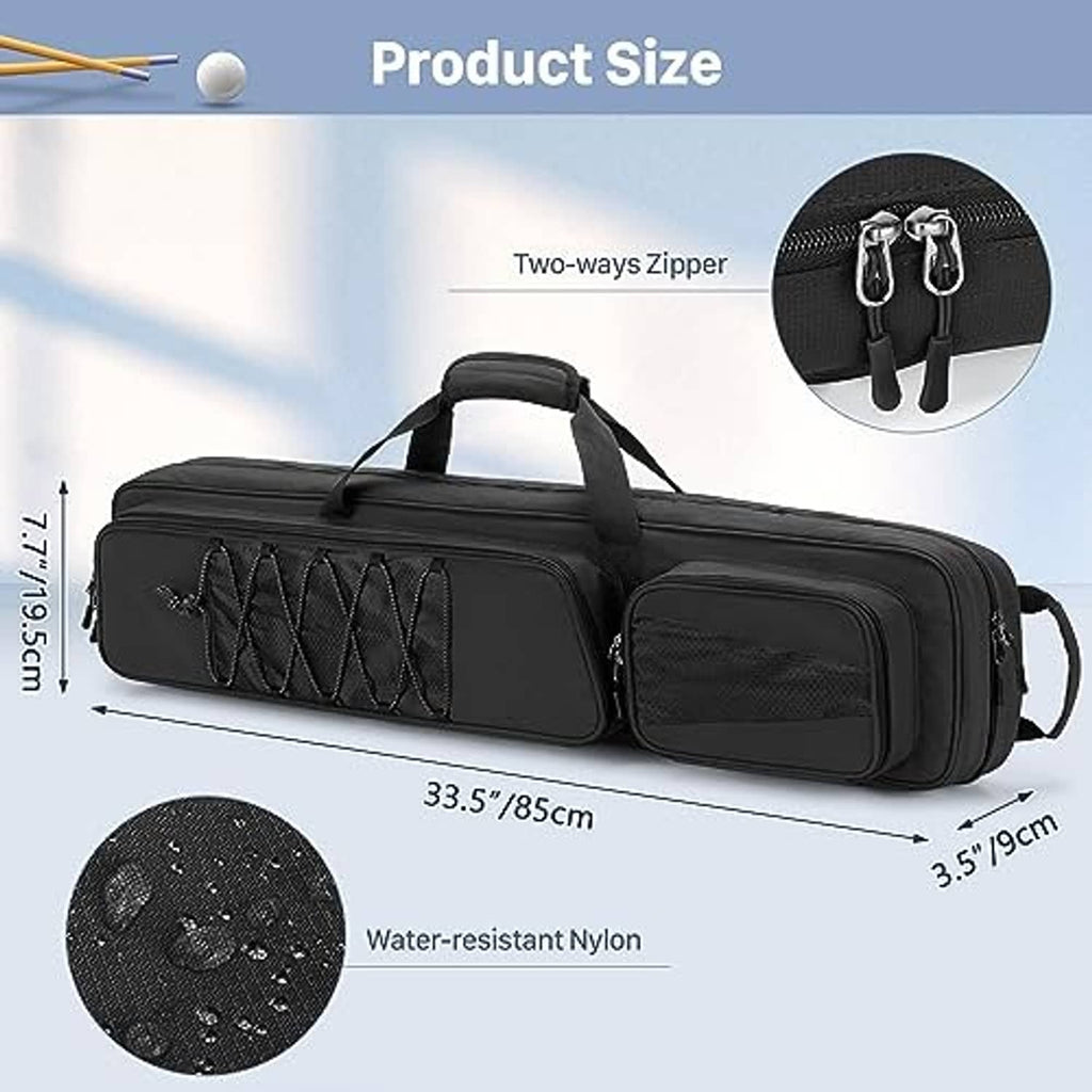 Black water-resistant nylon pool cue case with two-way zipper and reinforced ends