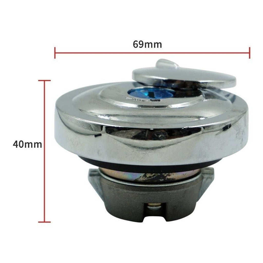 Chrome fuel tank cap with blue lock insert and underside mounting base