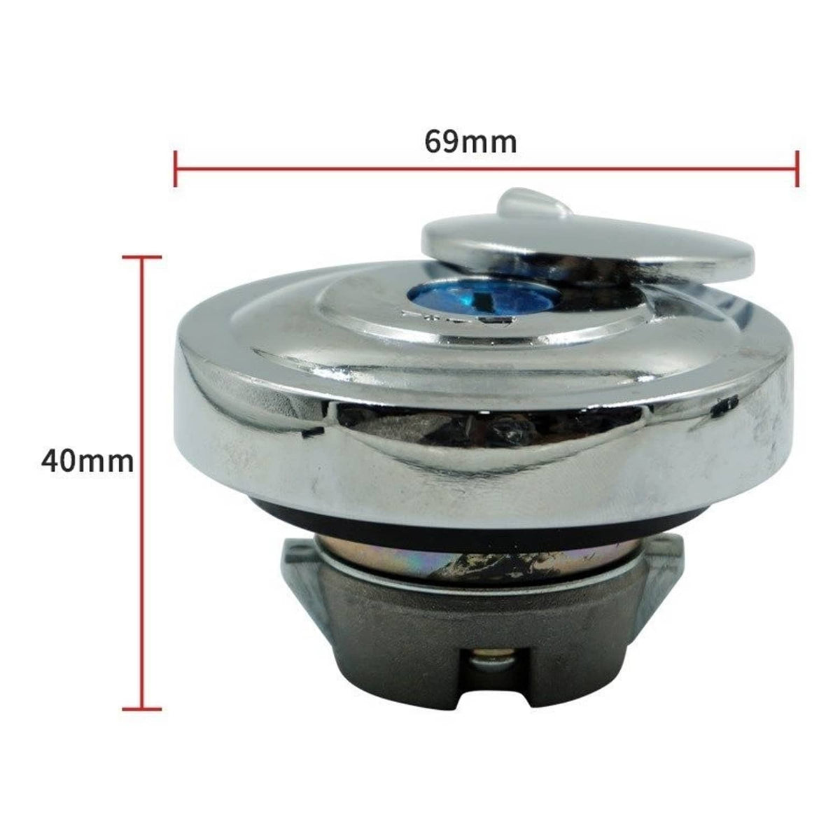 Chrome fuel tank cap with blue lock insert and underside mounting base
