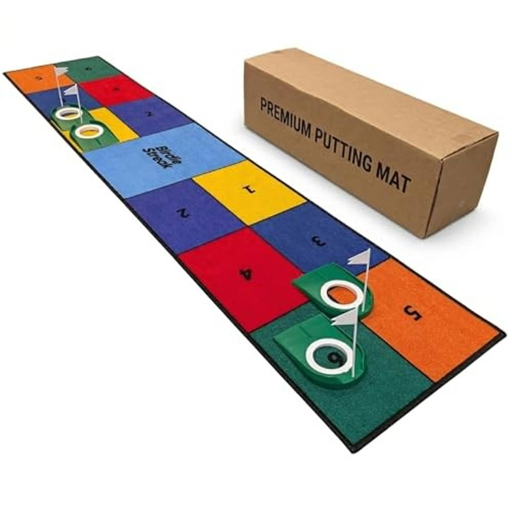 MultiColor golf putting mat with 4 cup targets and grid scoring zones, shown with box