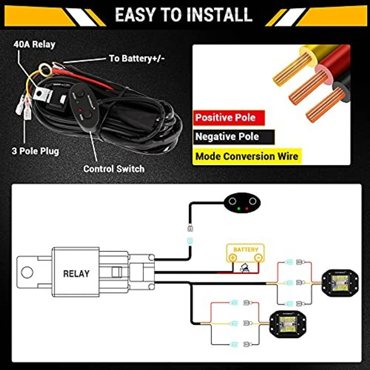 LED pod light wiring kit diagram with relay, control switch, and 3-pole plug