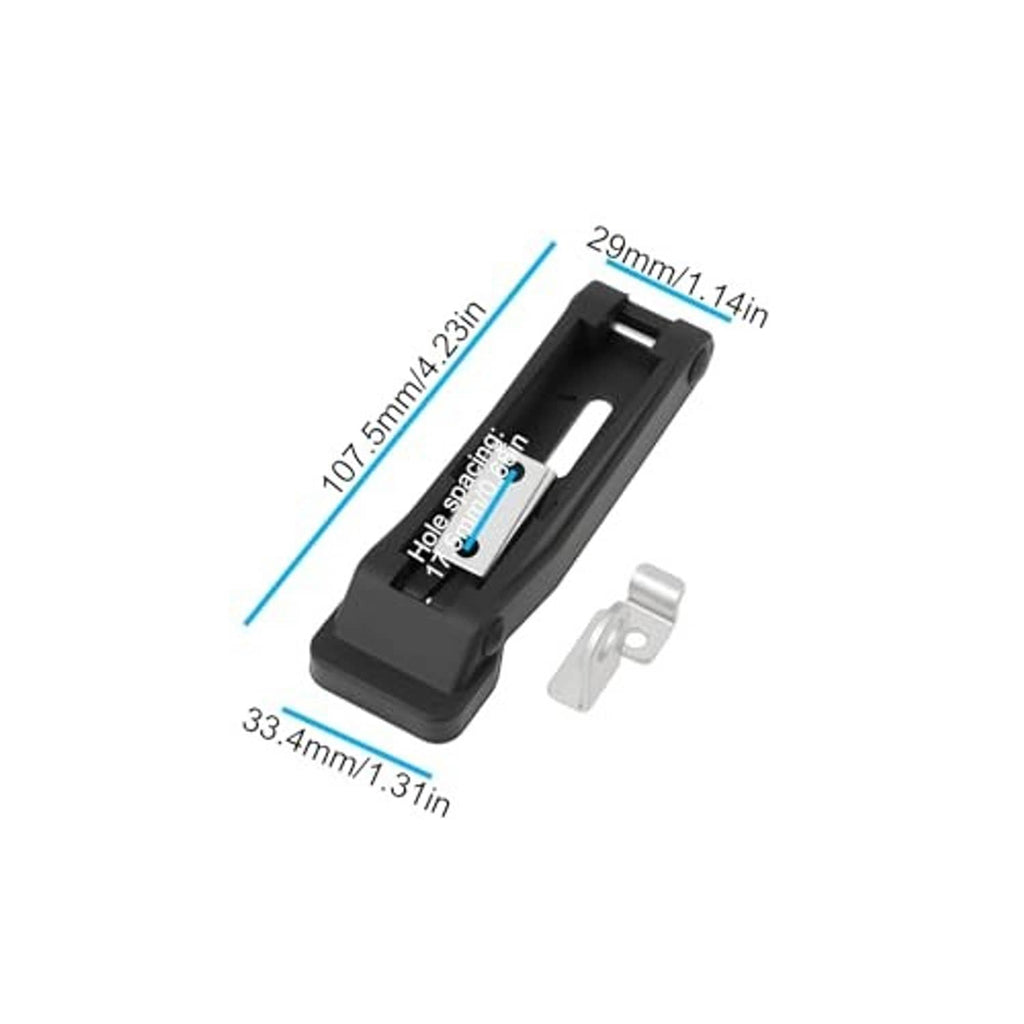 Black rubber latch with silver bracket; dimensions shown with labeled measurements