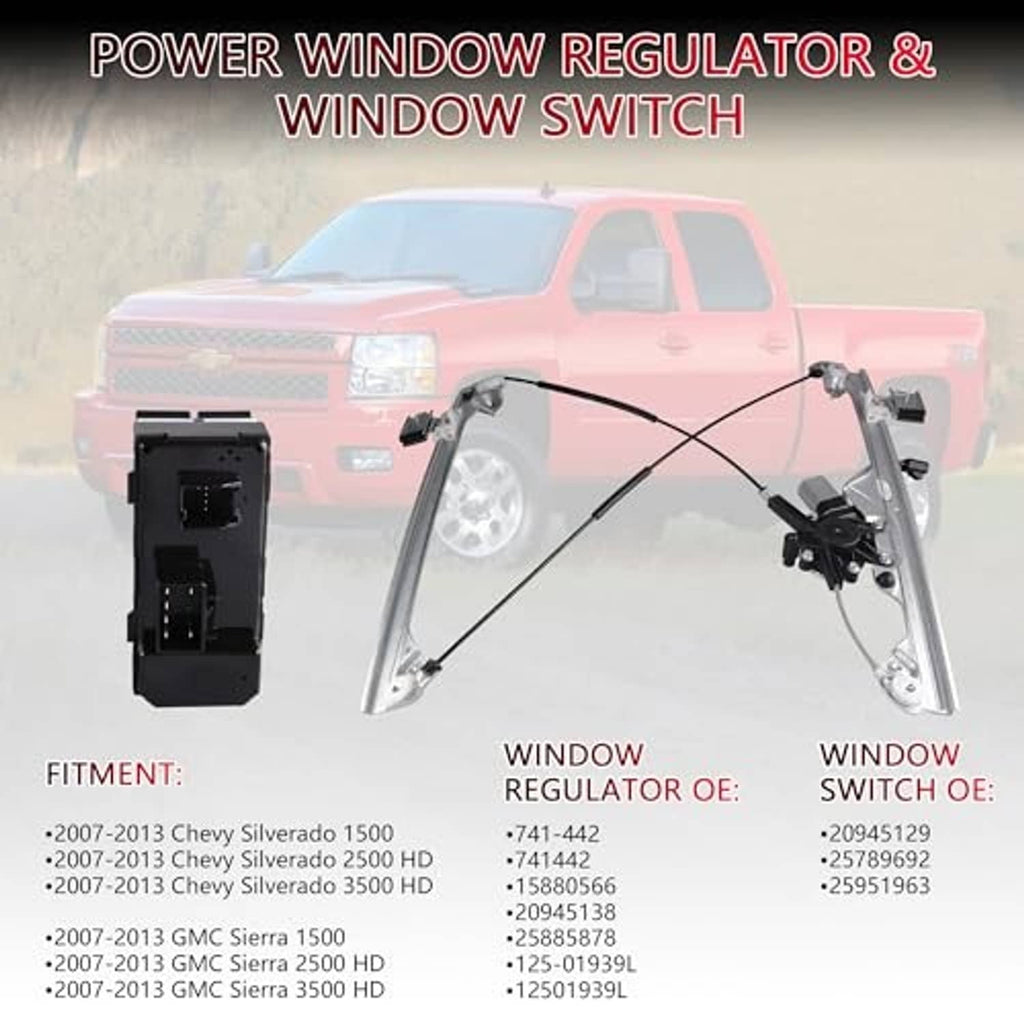 Front left window regulator with motor, window switch module, and wiring harness