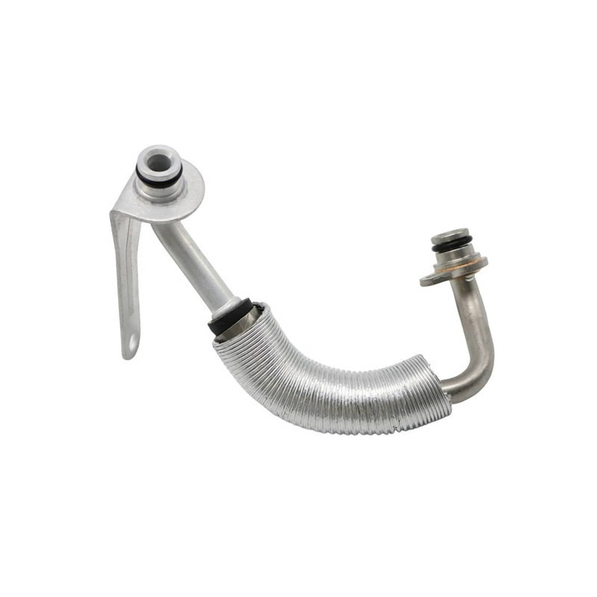 Braided silver coolant hoses with two metal posts and capped connector ends