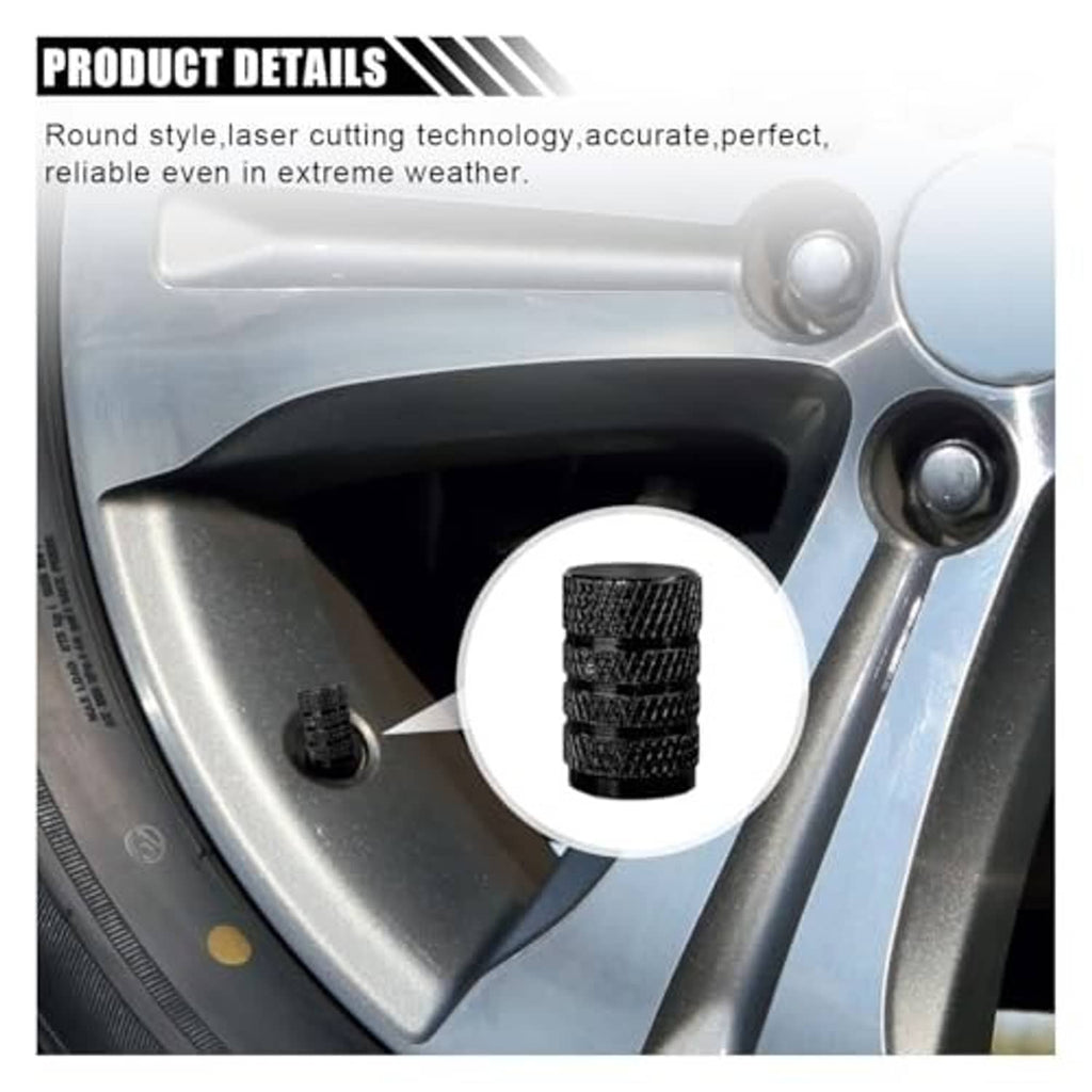 Black textured tire valve stem cap installed on a car wheel valve