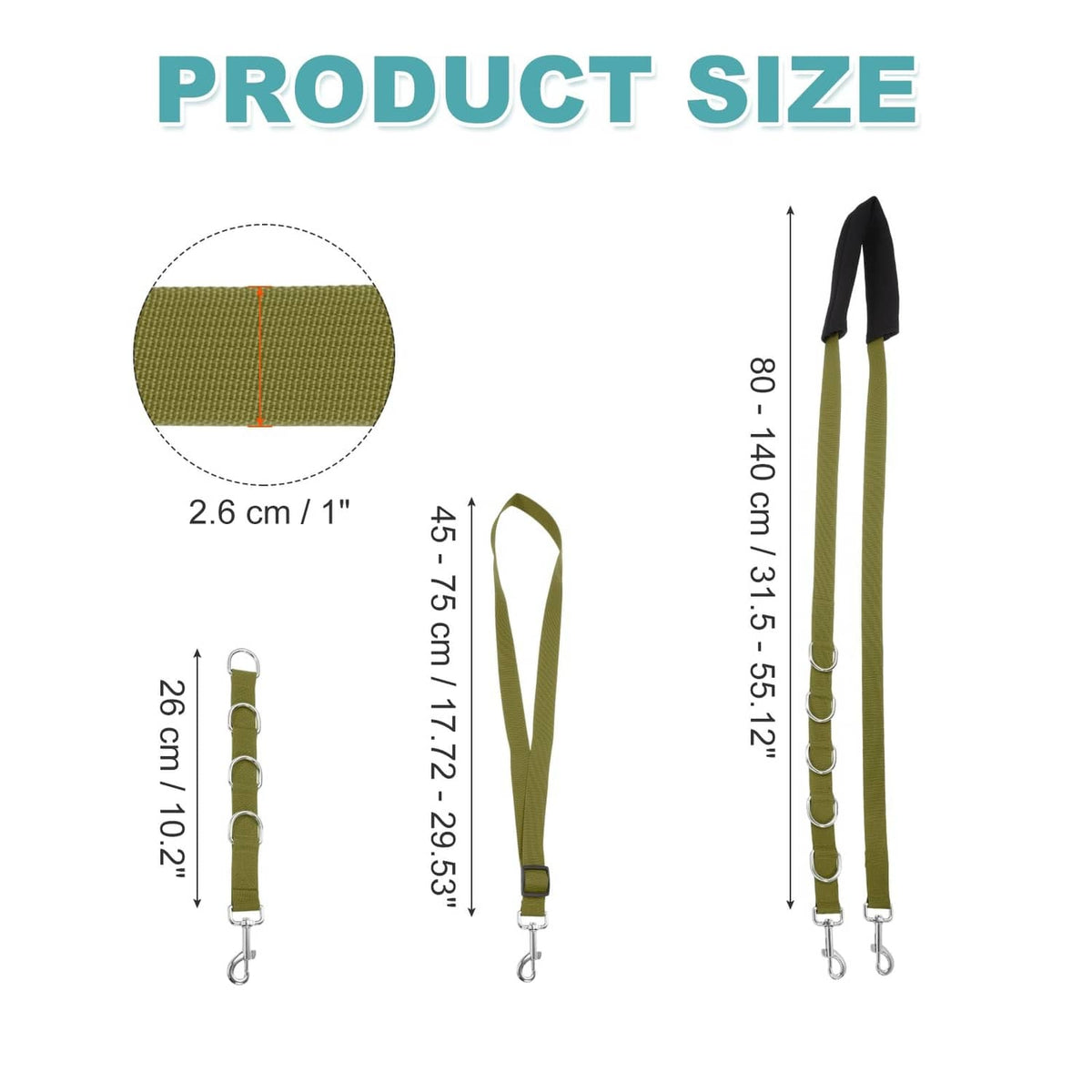 Olive green grooming belly strap with sponge pad and metal D-ring extenders