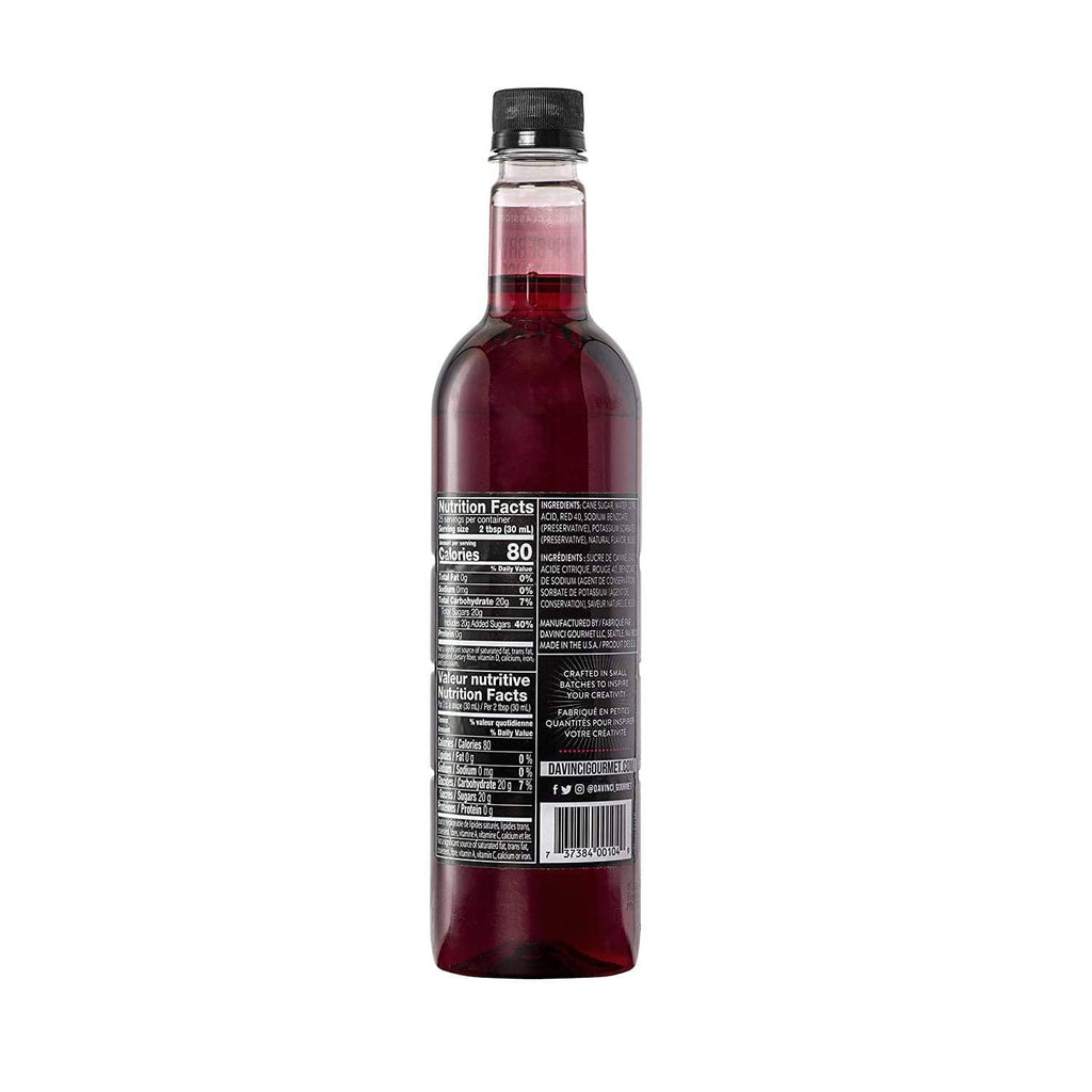 DaVinci Gourmet raspberry syrup bottle, back nutrition facts and calorie details