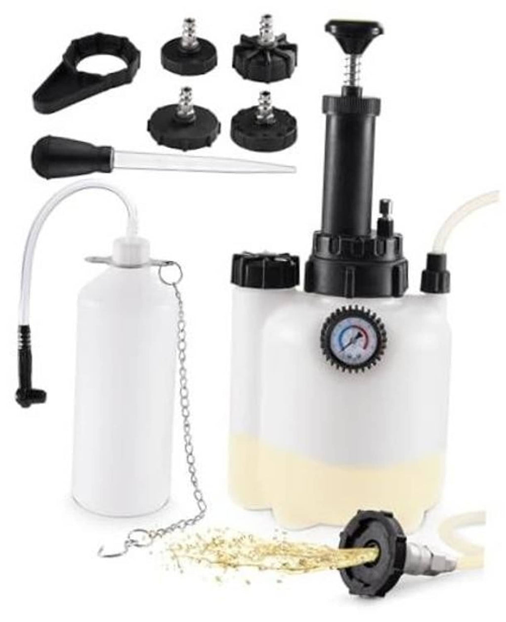Pressure brake fluid bleeder kit with white 1L catch bottle and black pump parts