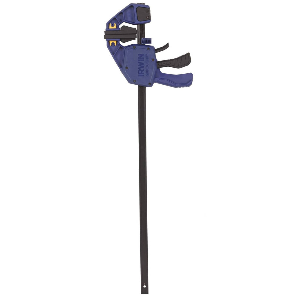 Irwin one-handed bar clamp, blue frame with black bar and grip pads.
