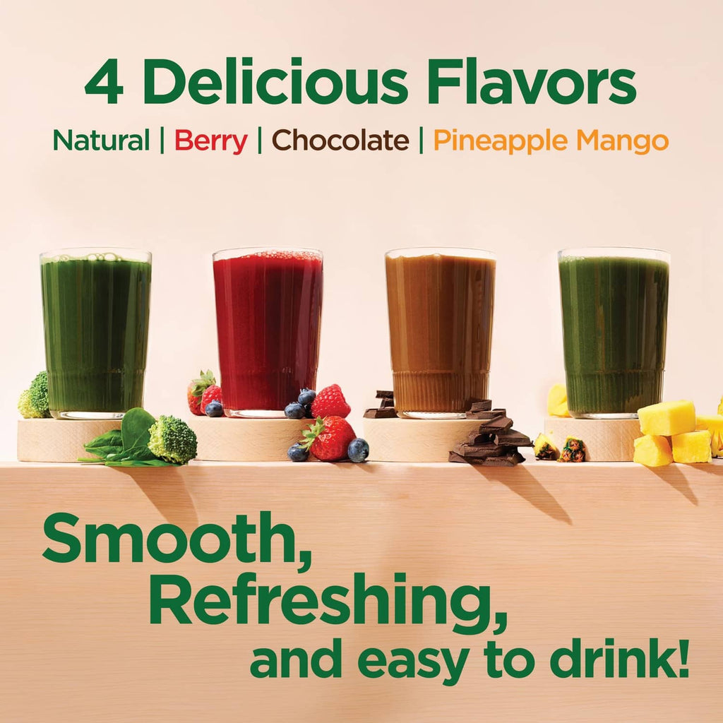 Set of green smoothie flavors lineup with Super Greens branding on a four-flavor card