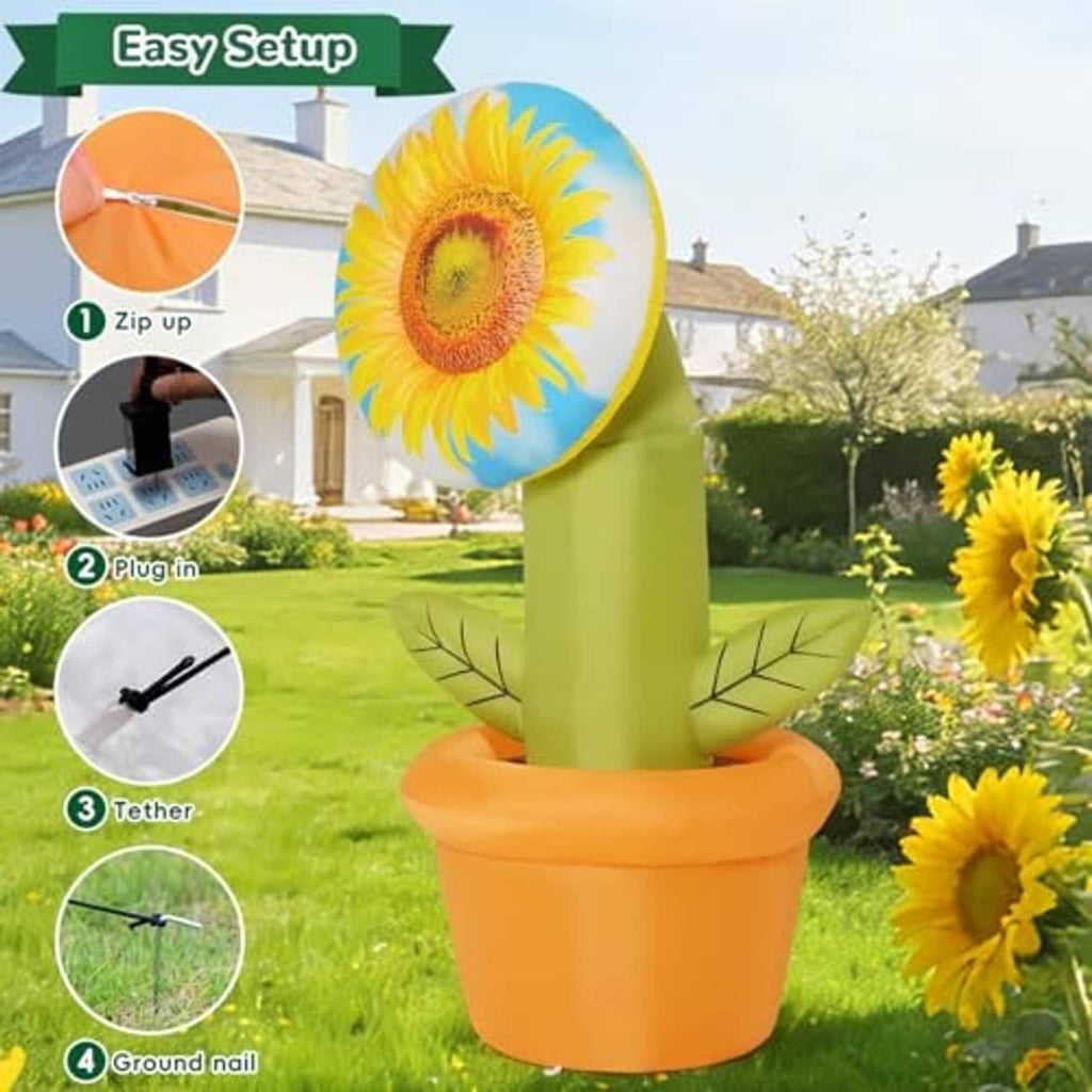 Inflatable sunflower decoration with yellow flower head, green stem, orange pot and leaves