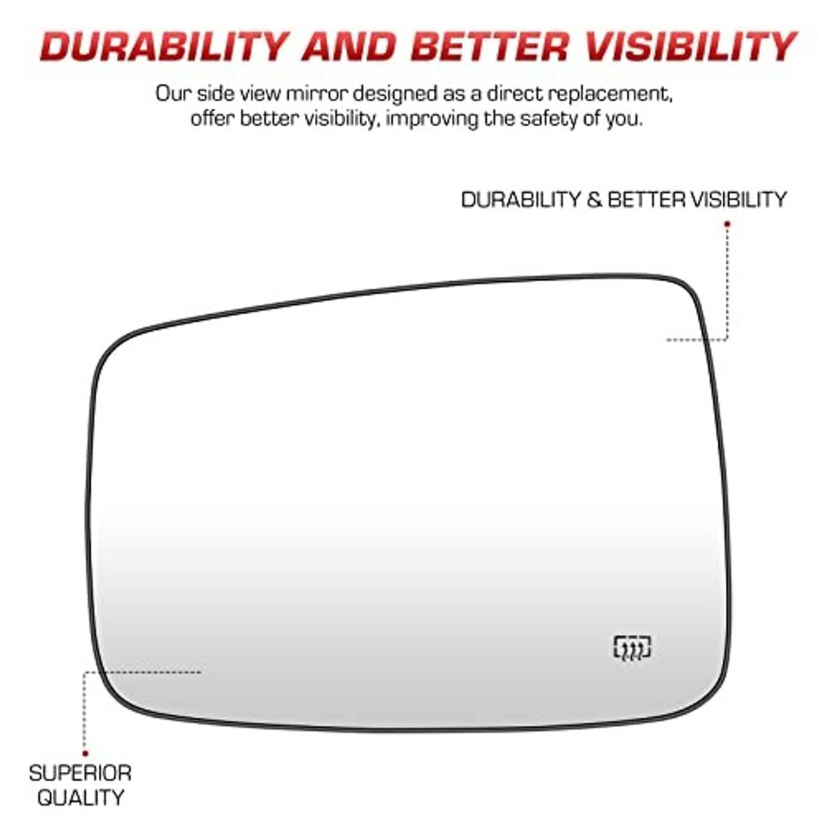 Heated side mirror glass with integrated defrost lines, left driver side view.