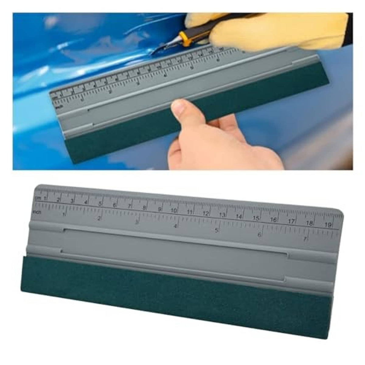 Gray window tint squeegee with inch and centimeter ruler markings