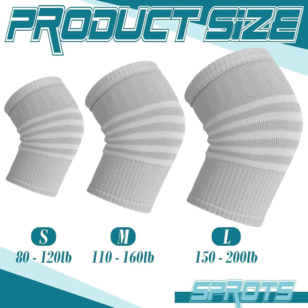 Knee warmer sleeves in light gray striped knit, shown as three sizes.