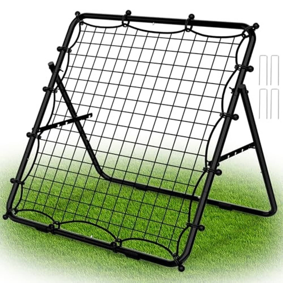Portable rebounder net with black A-frame stand, white grid mesh, and green lower net