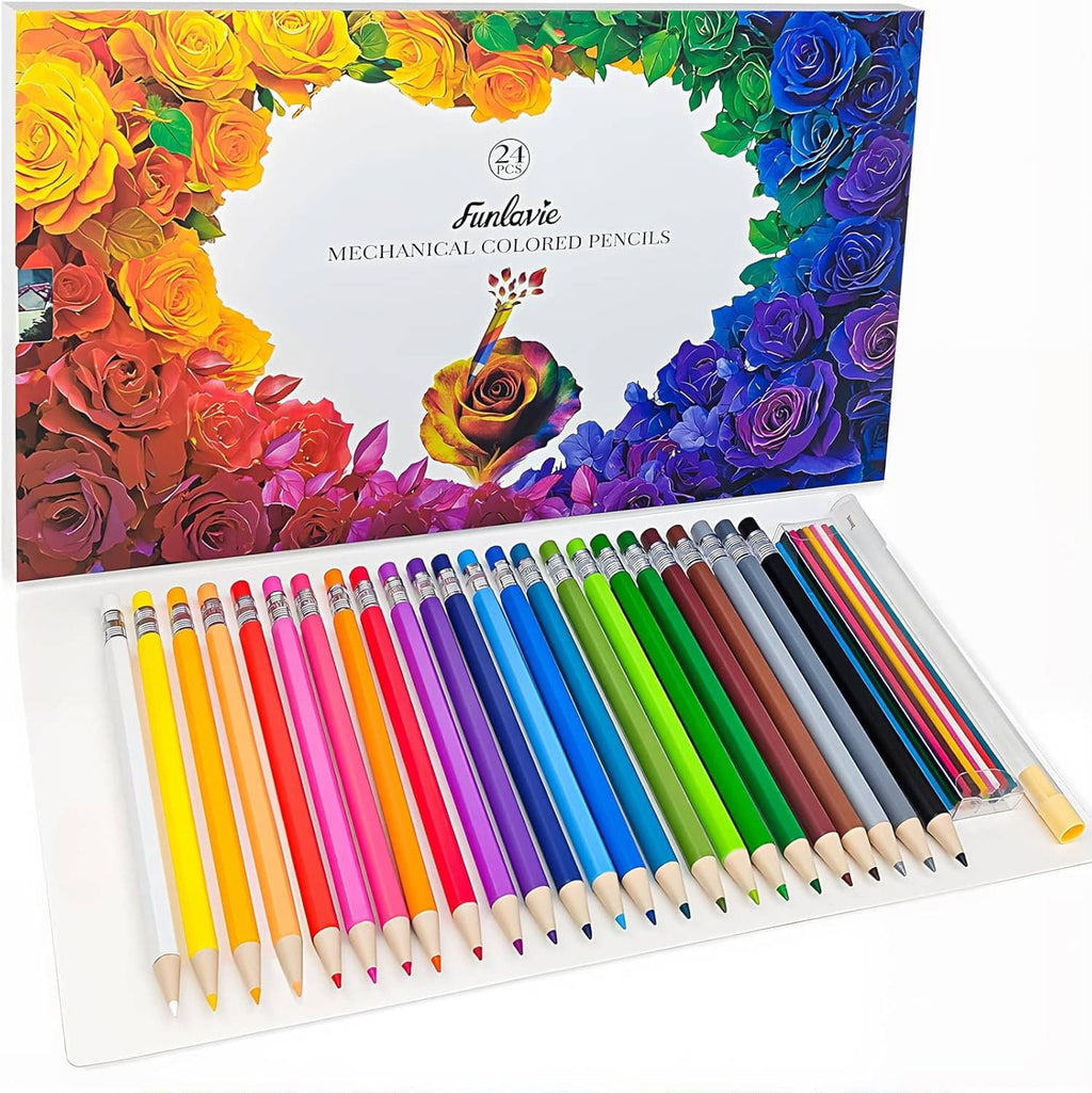 Mechanical colored pencils with yellow to green to blue tips in an open packaging tray
