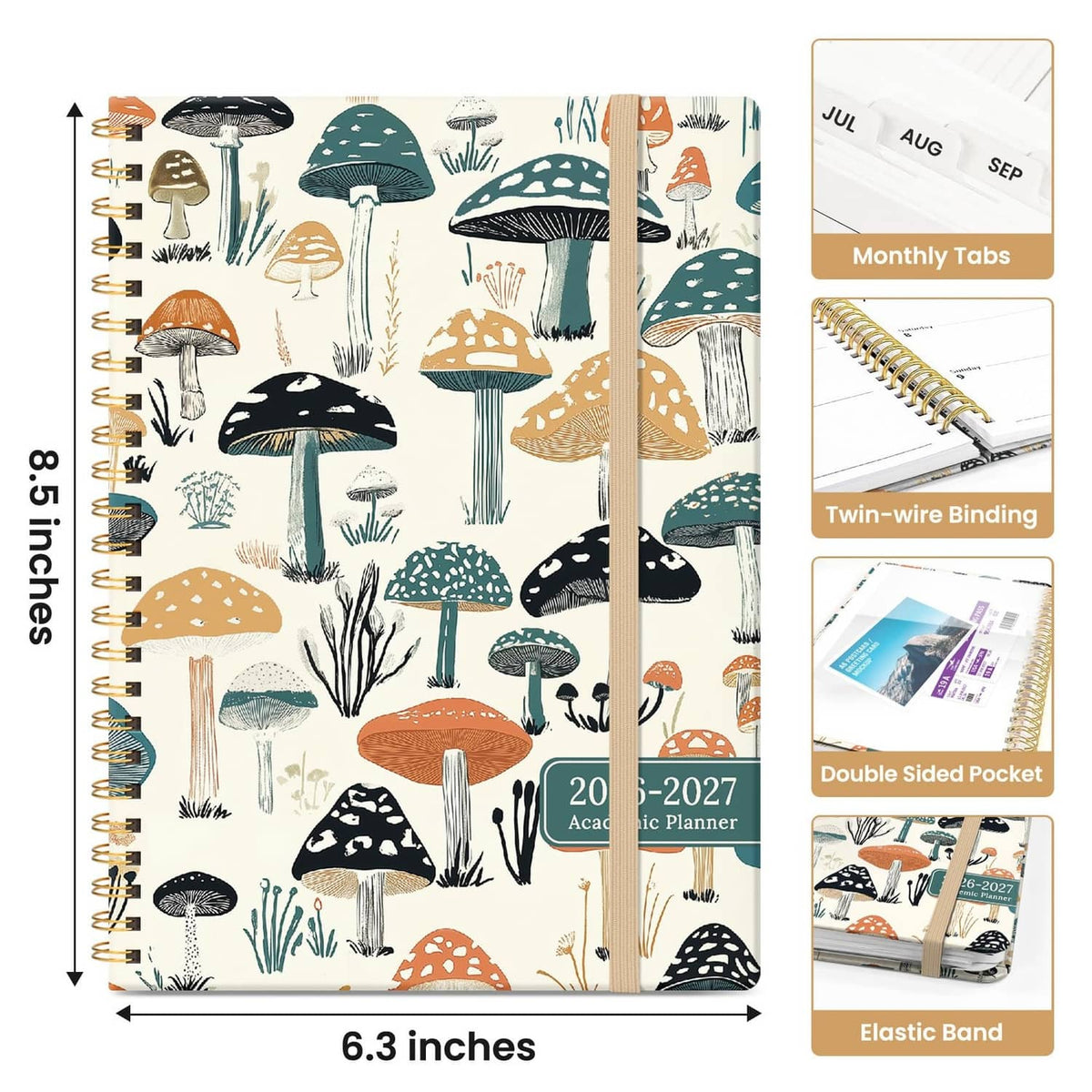 Academic planner 6.3"x8.5" with mushroom cover, monthly tabs, pocket, elastic band