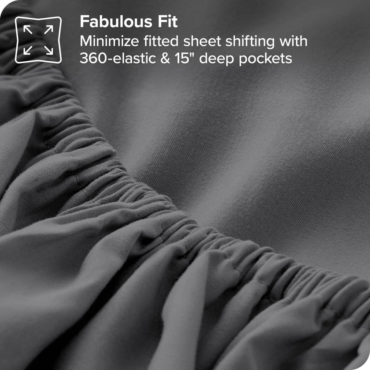 Grey fitted sheet with elastic edge and gathers for a snug, shifting-minimizing fit