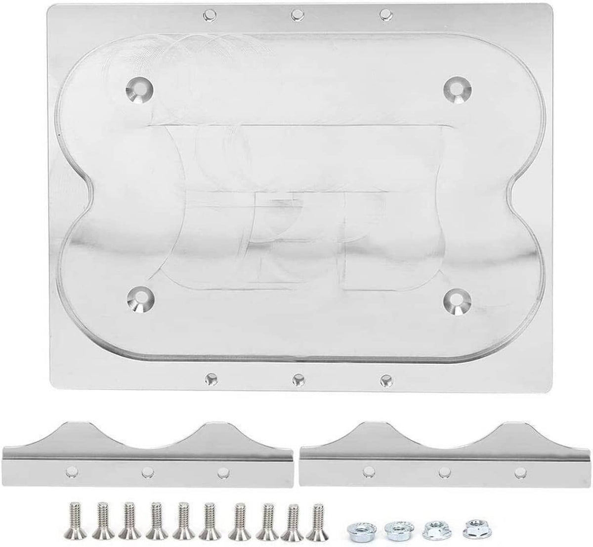 Battery mounting tray kit with large silver base plate and two ribbed hold-down rails