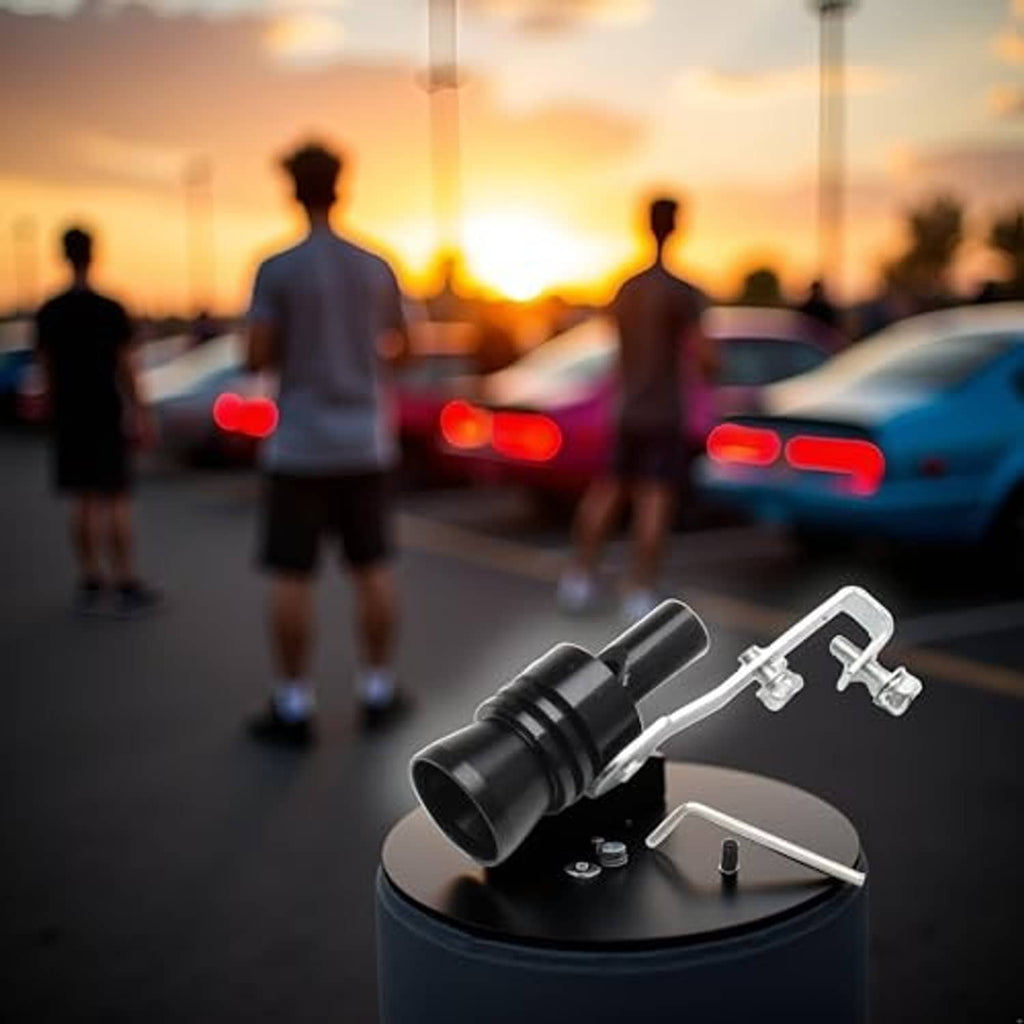 Universal turbo sound whistle muffler pipe with black nozzle, silver brackets and hardware