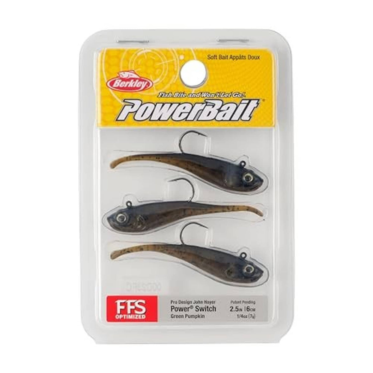 Package of Berkley Powerbait Power Switch soft plastic baits, dark green pumpkin