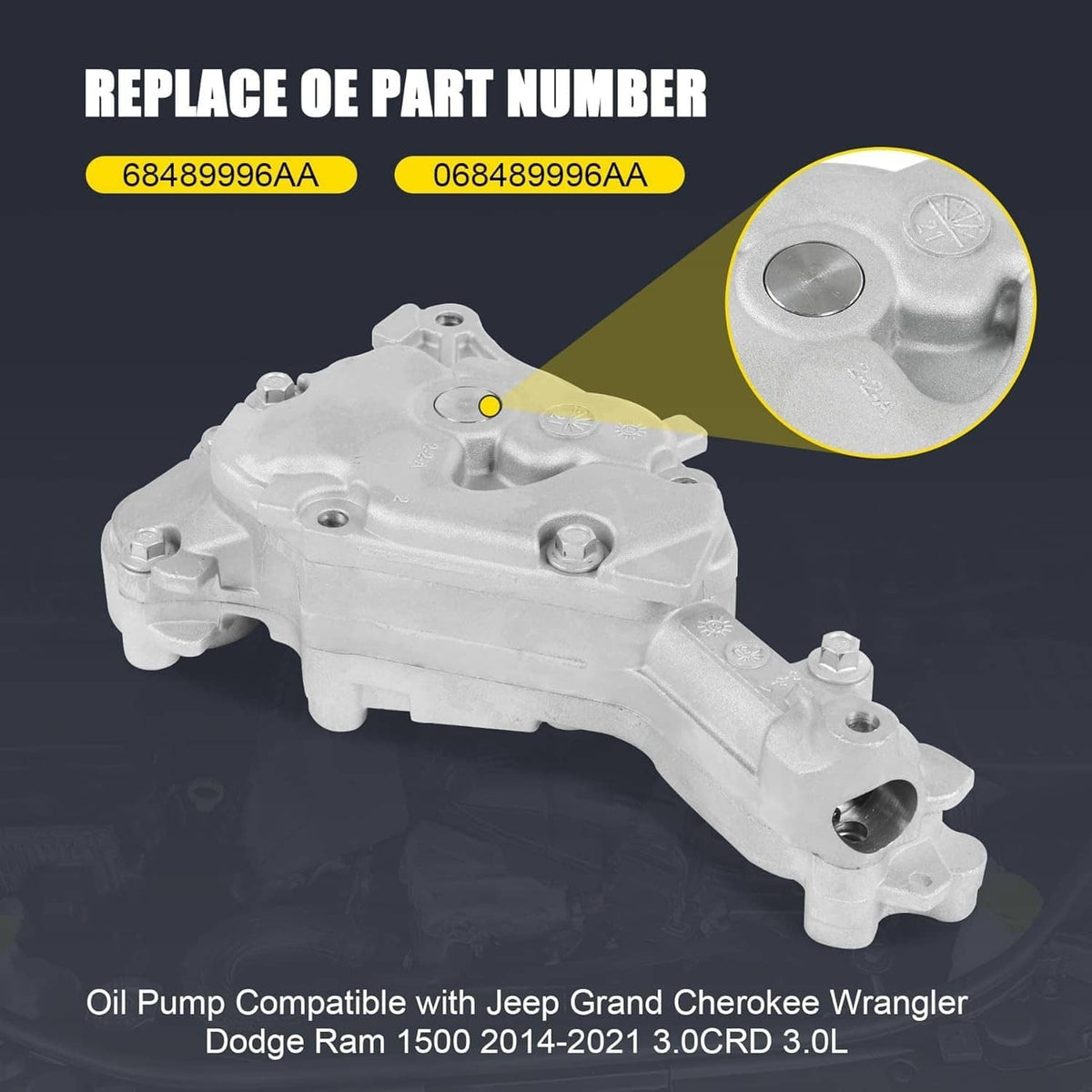 Engine oil pump with silver housing and black gear wheel, side ports for mounting