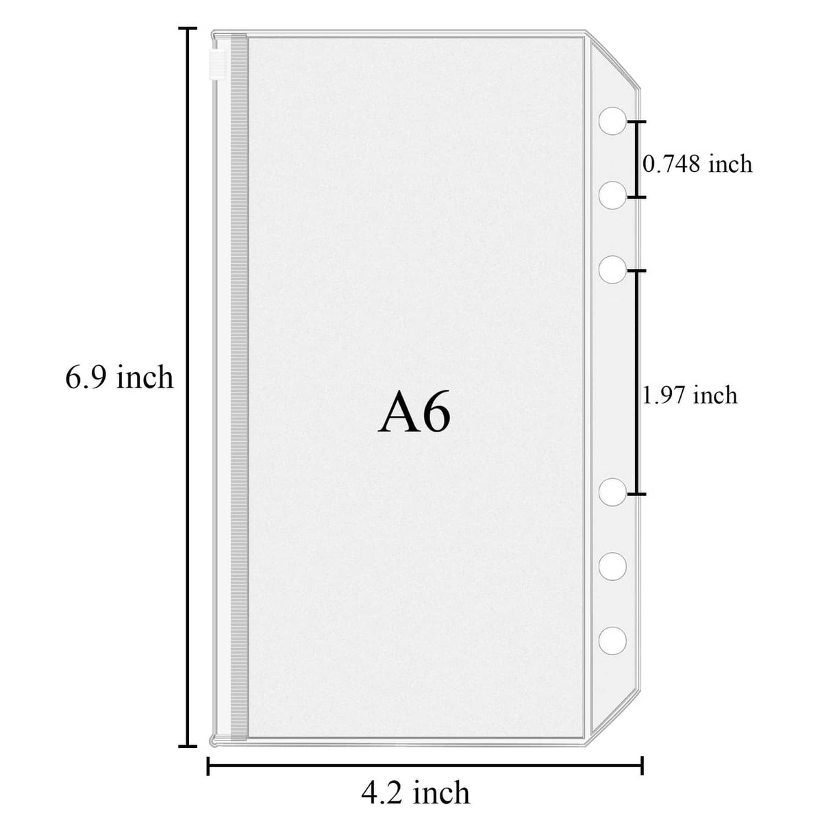 Clear A6 binder pocket with 6-ring holes and centered A6 label