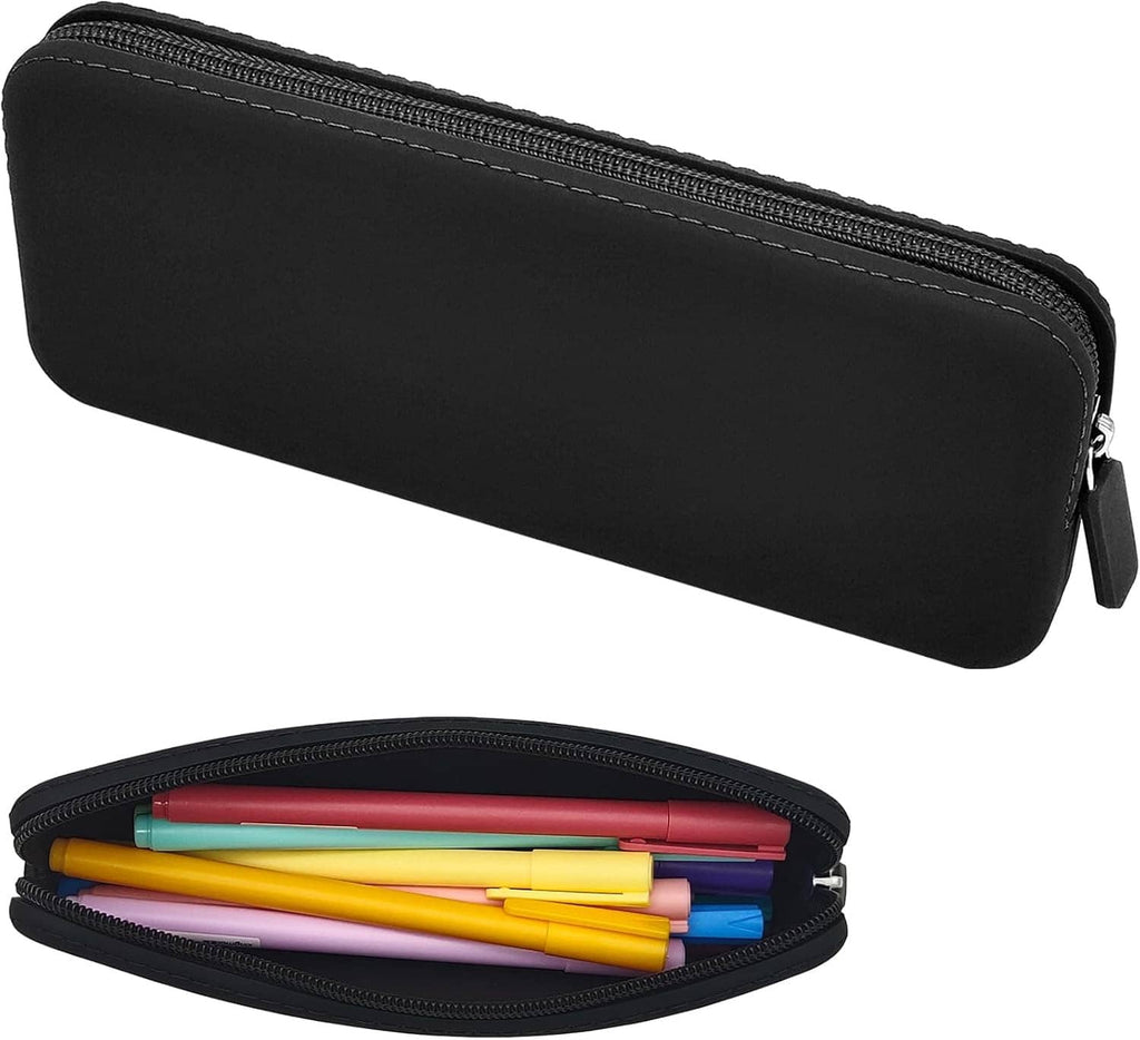 Black silicone pencil case, open with colored pens inside and zip closure