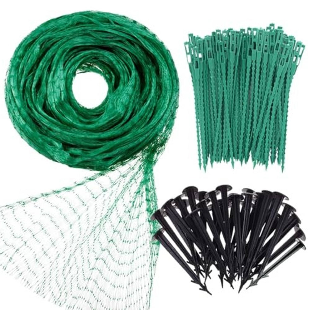 Green bird netting roll with white mesh, teal panels, and included stakes