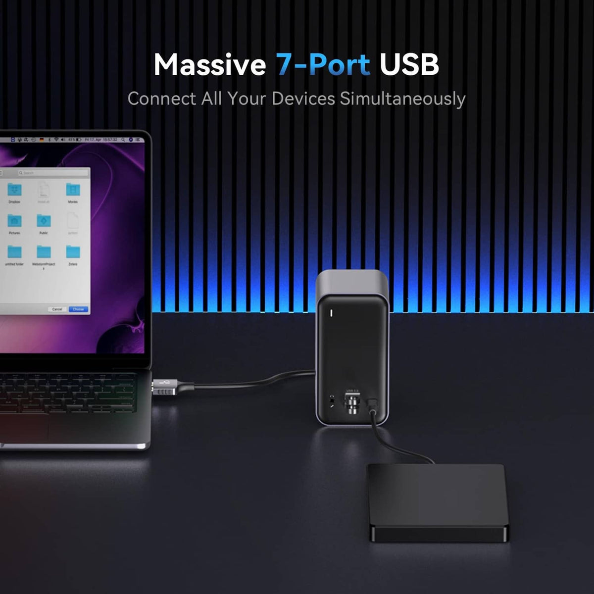 Grey multi-port USB docking station connected to laptop and external device