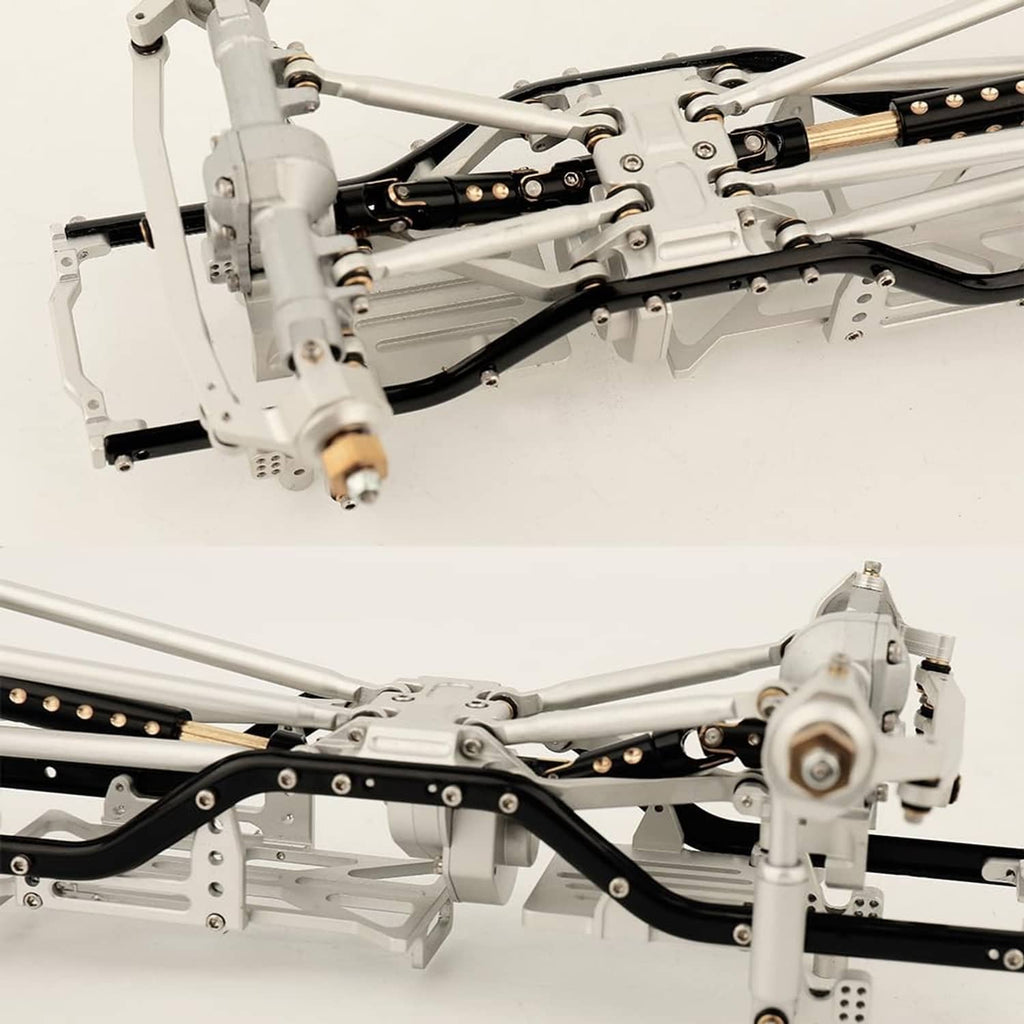 RC crawler chassis showing installed drive shafts with brass hardware and black linkages