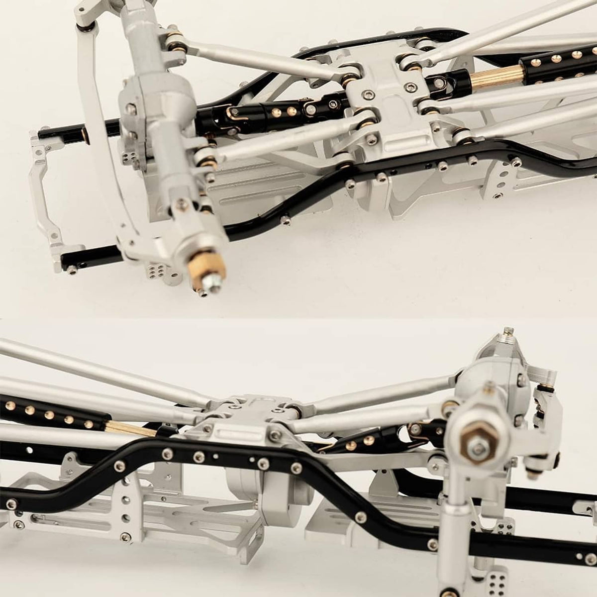 RC crawler chassis showing installed drive shafts with brass hardware and black linkages