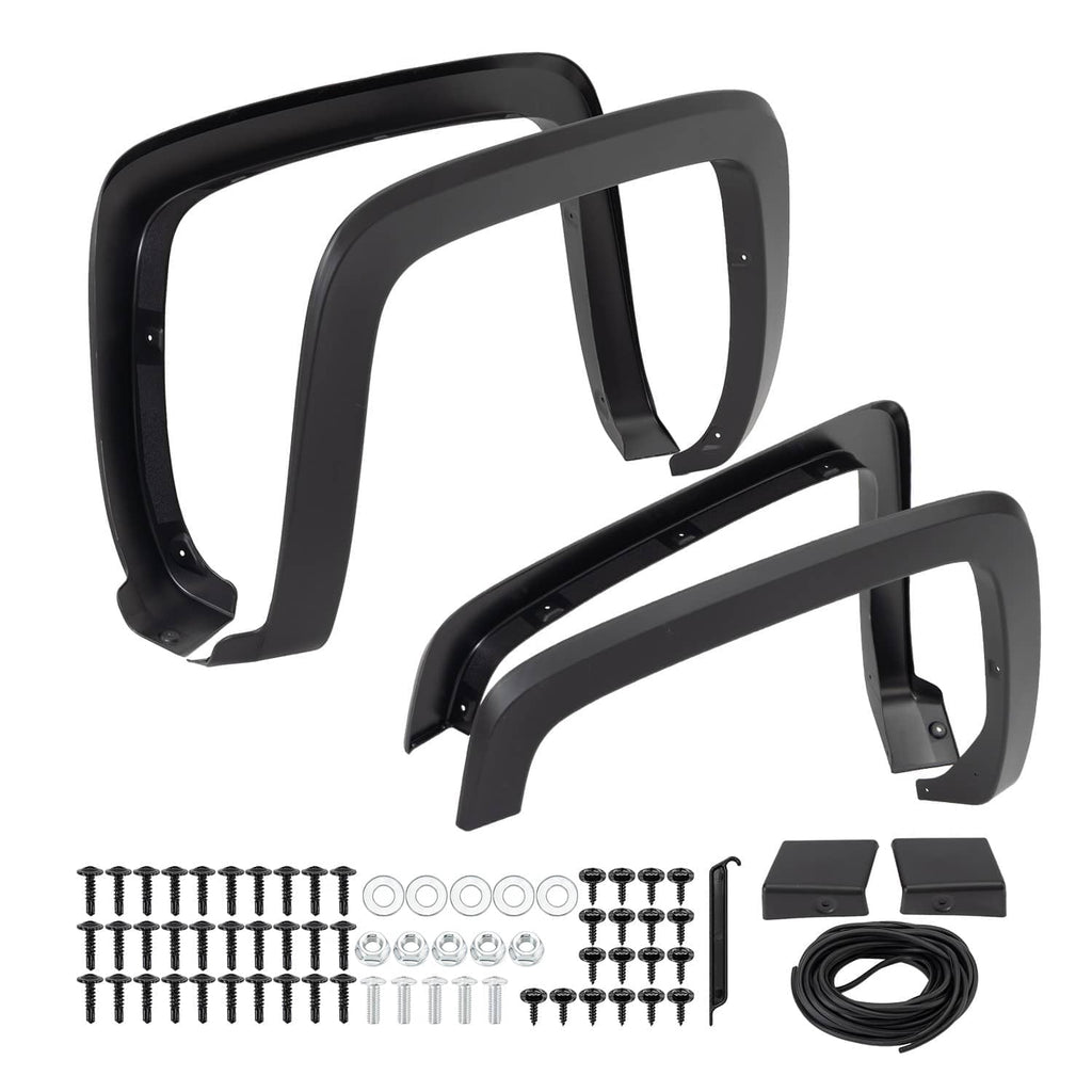 Black front and rear fender flares kit with mounting hardware, spacers, and fasteners