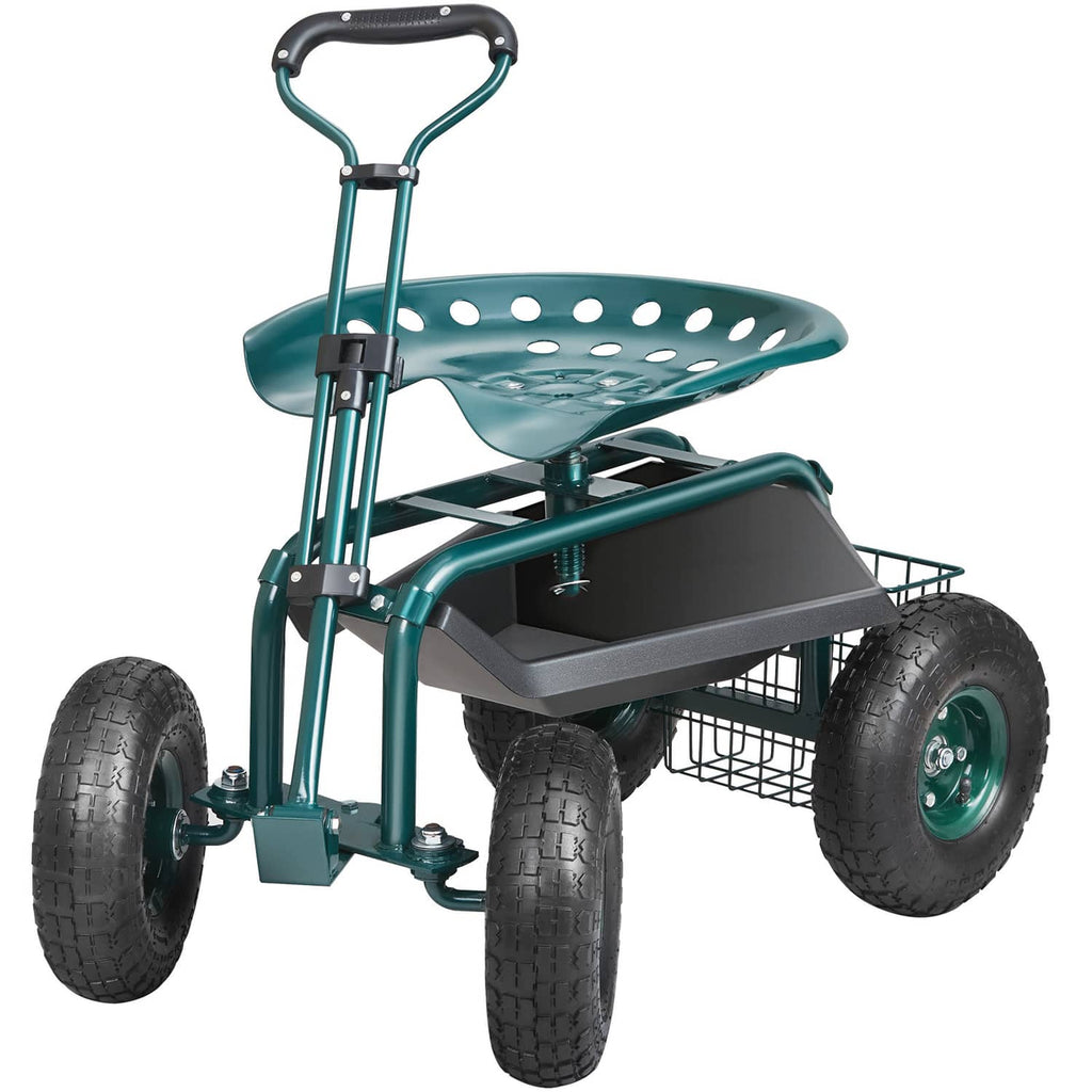Green garden cart with seat and front basket, shown from front-left with four wheels