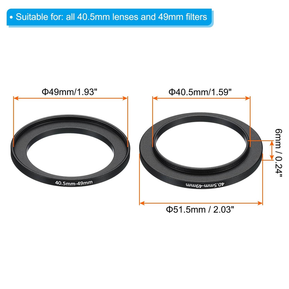 Black step-up ring adapter, 40.5mm inner to 49mm outer, dimensioned view