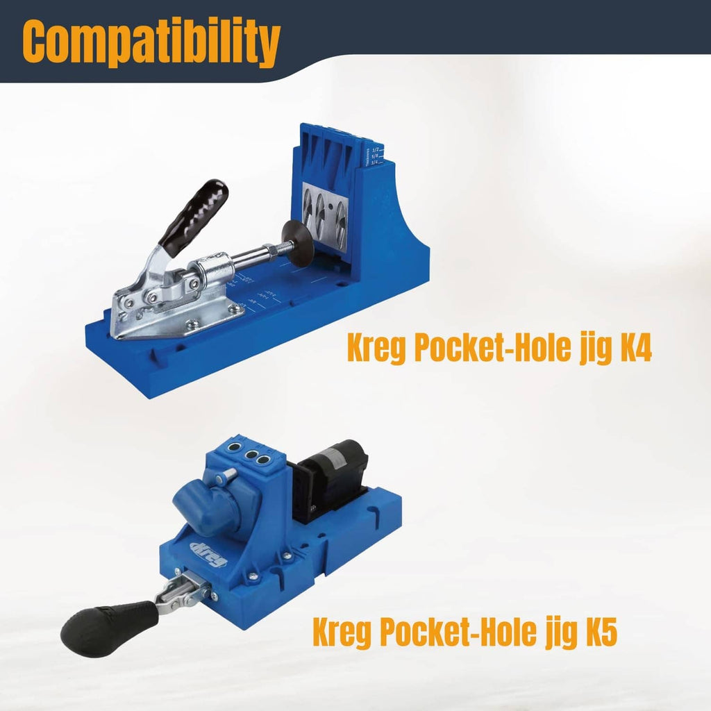 Compatibility illustration showing attachment to Kreg Pocket-Hole jigs K4 and K5