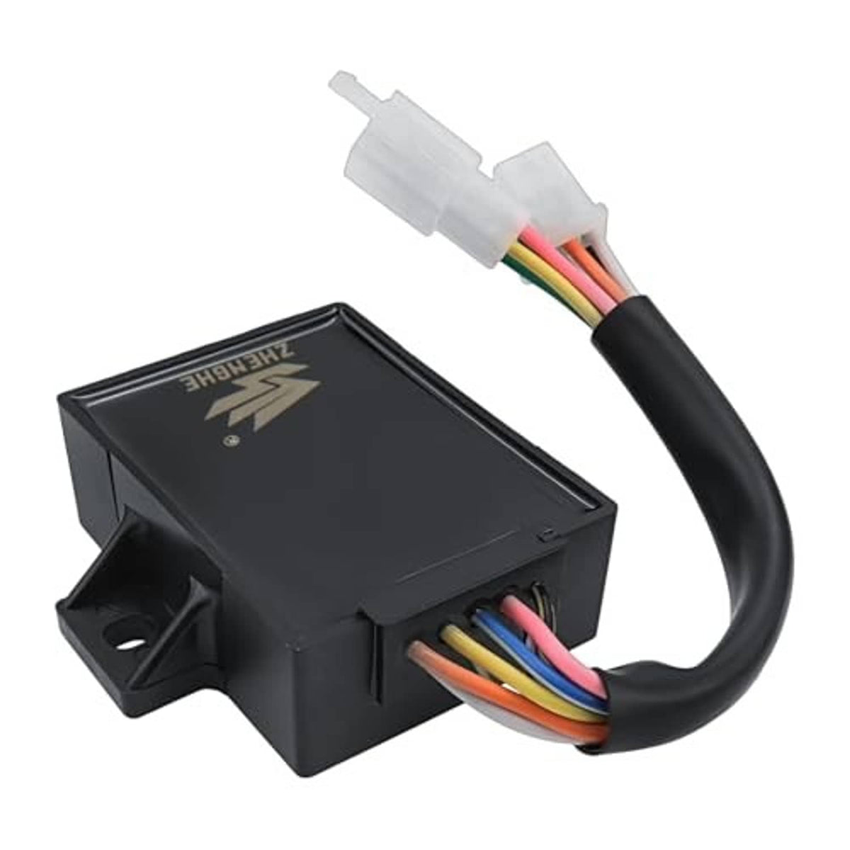 Black CDI ignition module with multi-color wires and white connector plug end