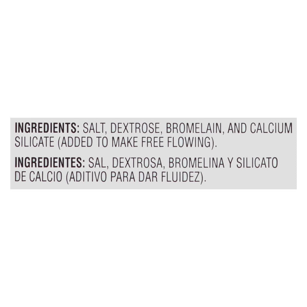 Unseasoned meat tenderizer ingredients label panel with salt, dextrose, bromelain, calcium