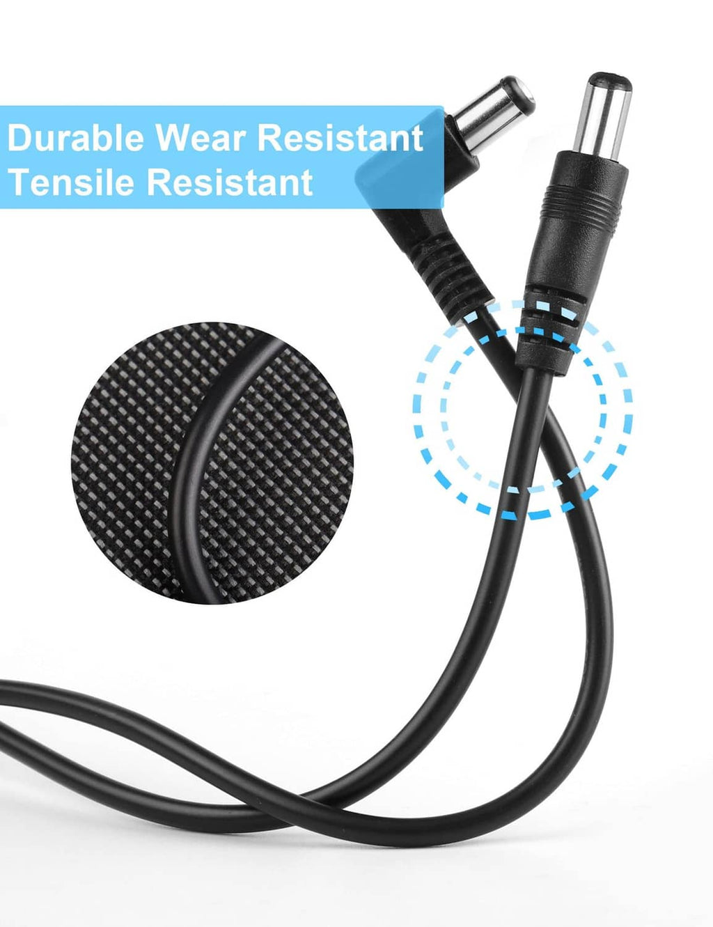 Black DC power cable with reinforced strain relief and male barrel connector