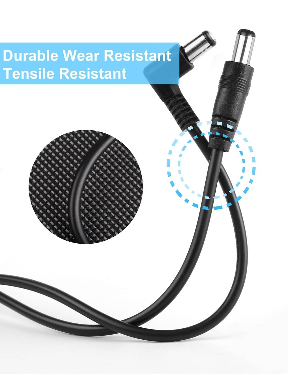 Black DC power cable with reinforced strain relief and male barrel connector