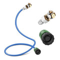 Outdoor misting nozzle set with blue hose, brass fittings, and green shutoff valve