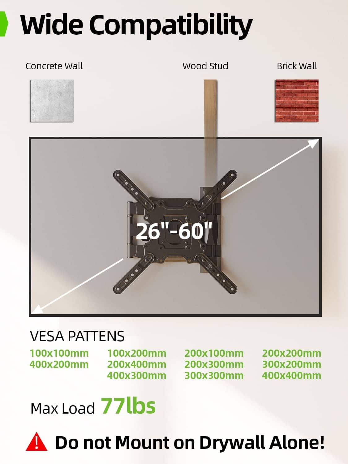 TV wall mount bracket centered on wall studs with crossbar arms